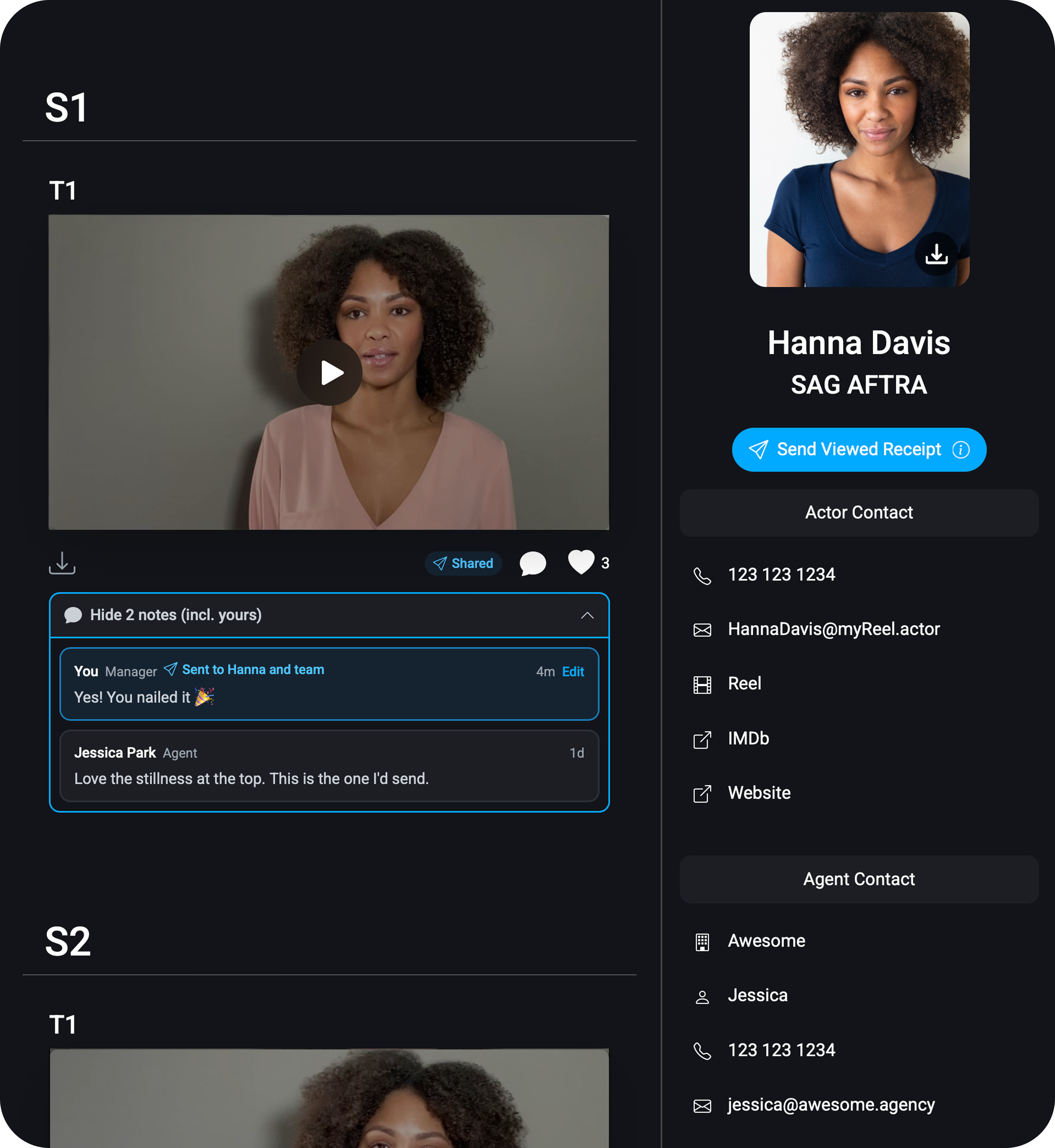 AuditionDrop web page showing an actor's Takes with likes and notes from their manager and agent, next to the actor's headshot, contact details and a Send Viewed Receipt button.