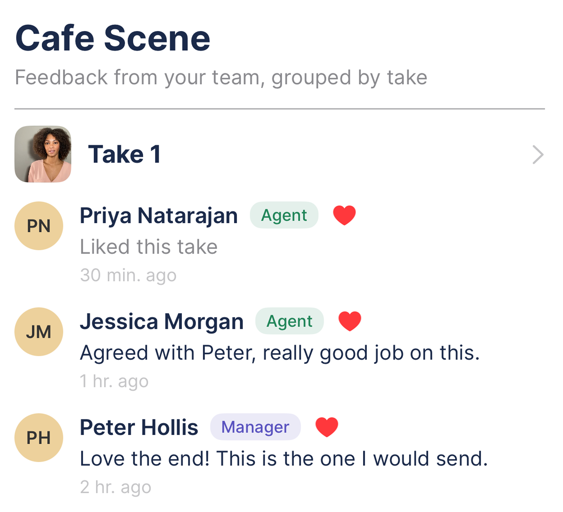 Feedback sheet in the Slatable app for Cafe Scene, listing likes and notes from two agents and a manager on Take 1.