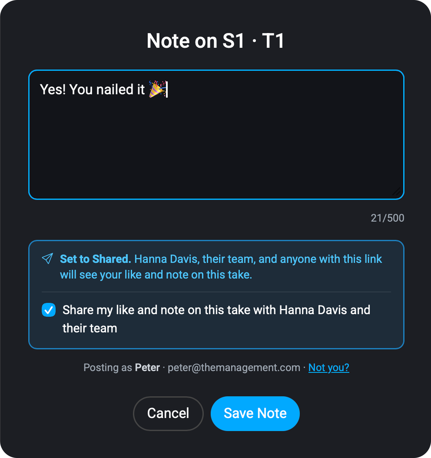 Note dialog on the AuditionDrop page reading 'Yes! You nailed it', set to share the like and note with the actor and their team.