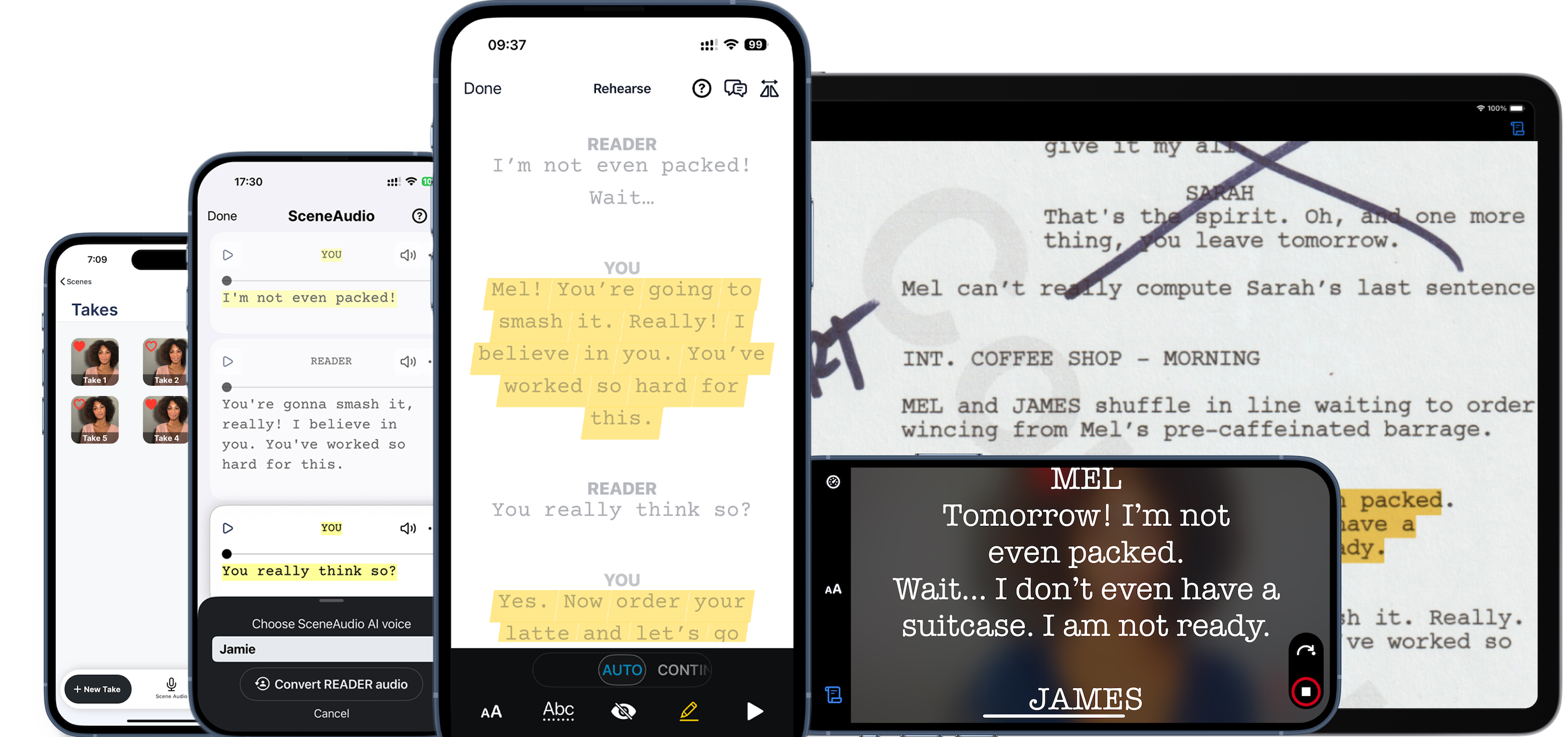 A cluster of phones showing the apps Welcome, Scenes, Record Audio, and Teleprompter screens.